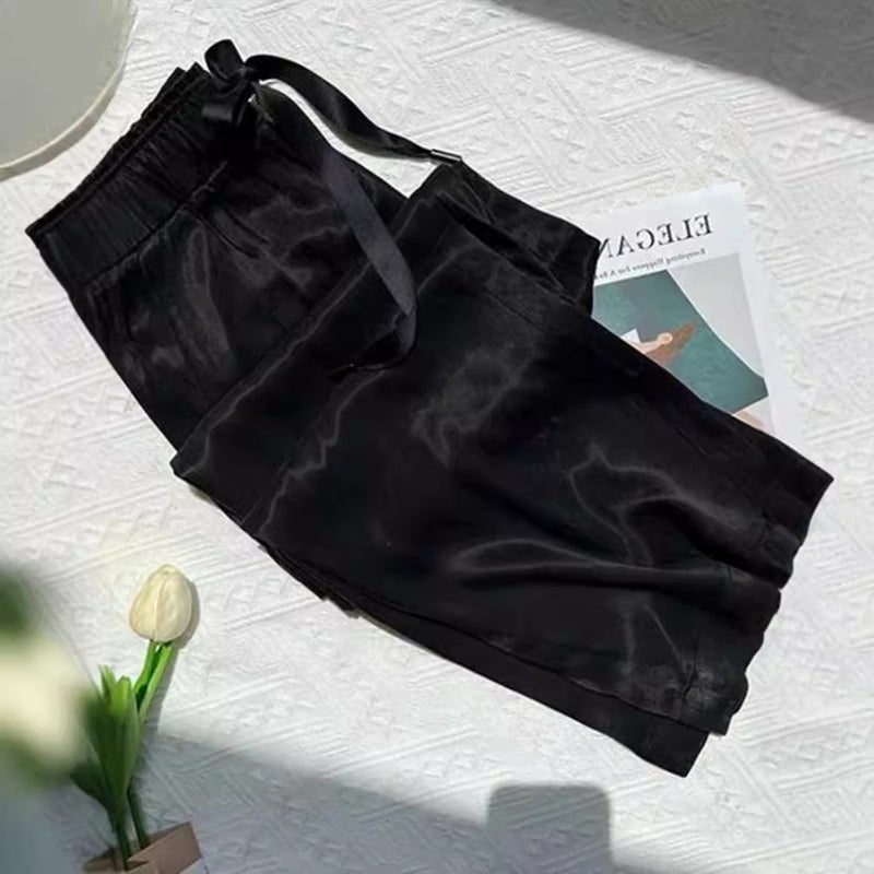 Plus Size Acetic Acid Satin Dosing Bow Wide Leg Pants Women'S Autumn High Waist Slimming Pear-Shaped Figure Straight Long Pants - Image 5