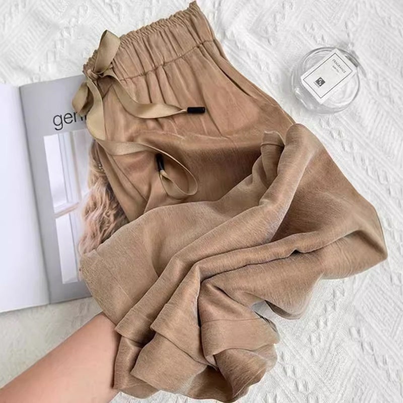 Plus Size Acetic Acid Satin Dosing Bow Wide Leg Pants Women'S Autumn High Waist Slimming Pear-Shaped Figure Straight Long Pants - Image 4