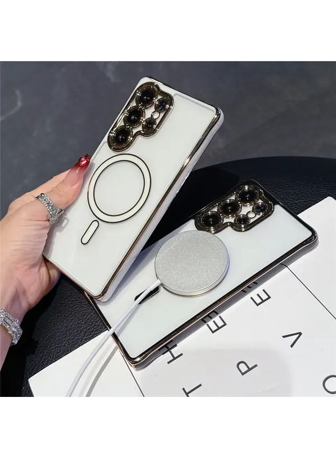 White Phone Cover For Galaxy S25 Plus Magnetic Wireless Charging Ready Electroplated Frame - Image 1