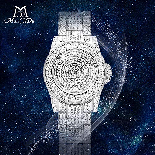 ManChDa Silver Watch for Women Interior Full Diamond Bling Rhinestone Iced Out Quartz Crystal Stainless Steel Ladies Wrist Watch - Image 2