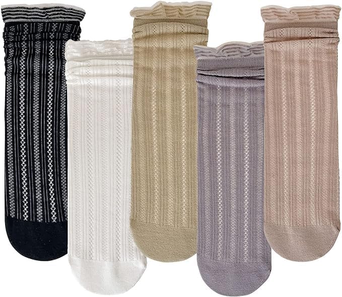 ChicAbode Women Cute Roll Top Ankle Socks, Breathable Mesh Summer Thin Casual Basic Style Socks 5 Pairs,Womens Dress Socks - Image 2