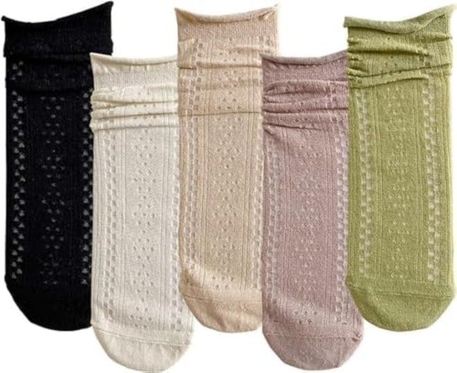 ChicAbode Women Cute Roll Top Ankle Socks, Breathable Mesh Summer Thin Casual Basic Style Socks 5 Pairs,Womens Dress Socks - Image 1