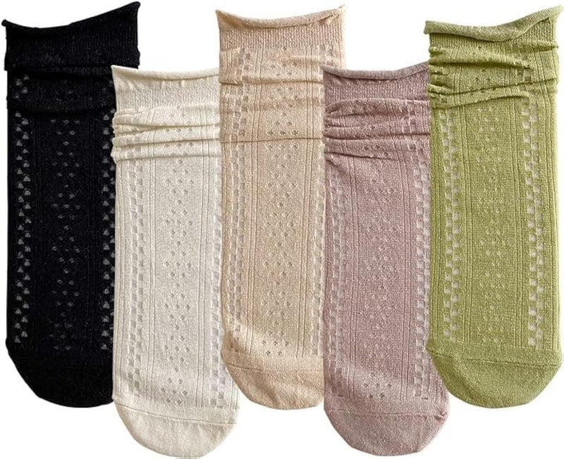 ChicAbode Women Cute Roll Top Ankle Socks, Breathable Mesh Summer Thin Casual Basic Style Socks 5 Pairs,Womens Dress Socks - Image 3