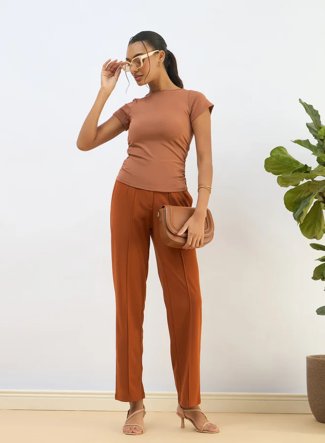 SASSAFRAS Sassafras Orange Knitted Short Sleeve Ruched Crop Top