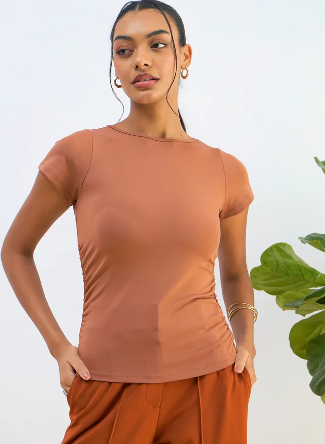 SASSAFRAS Sassafras Orange Knitted Short Sleeve Ruched Crop Top