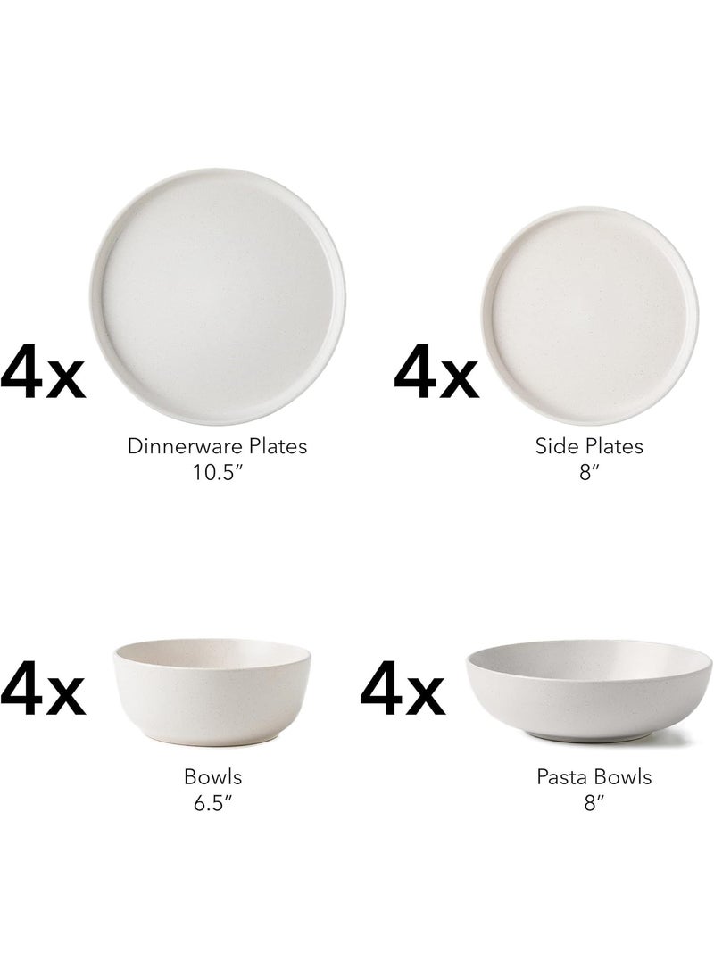 Arora SKUGGA Round Stoneware 16pc Double Bowl Dinnerware Set for 4 Dinner and Side Plates Cereal and Pasta Bowls  Matte White466077  - Image 2