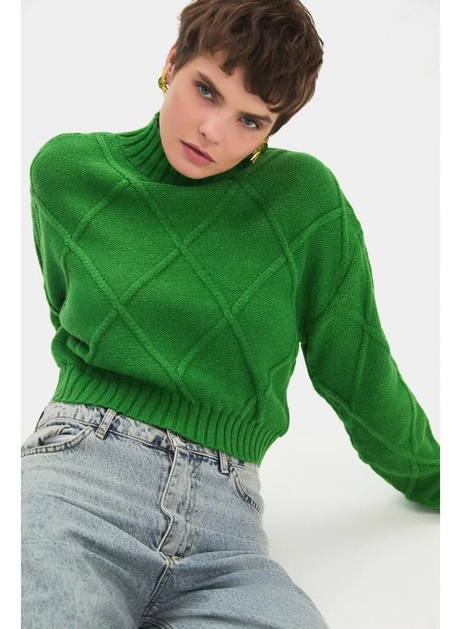 جون June Women High Collar Self-Patterned Knitwear Sweater Green