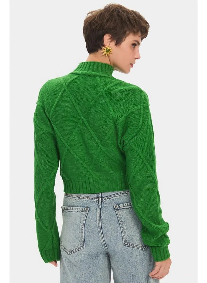 جون June Women High Collar Self-Patterned Knitwear Sweater Green