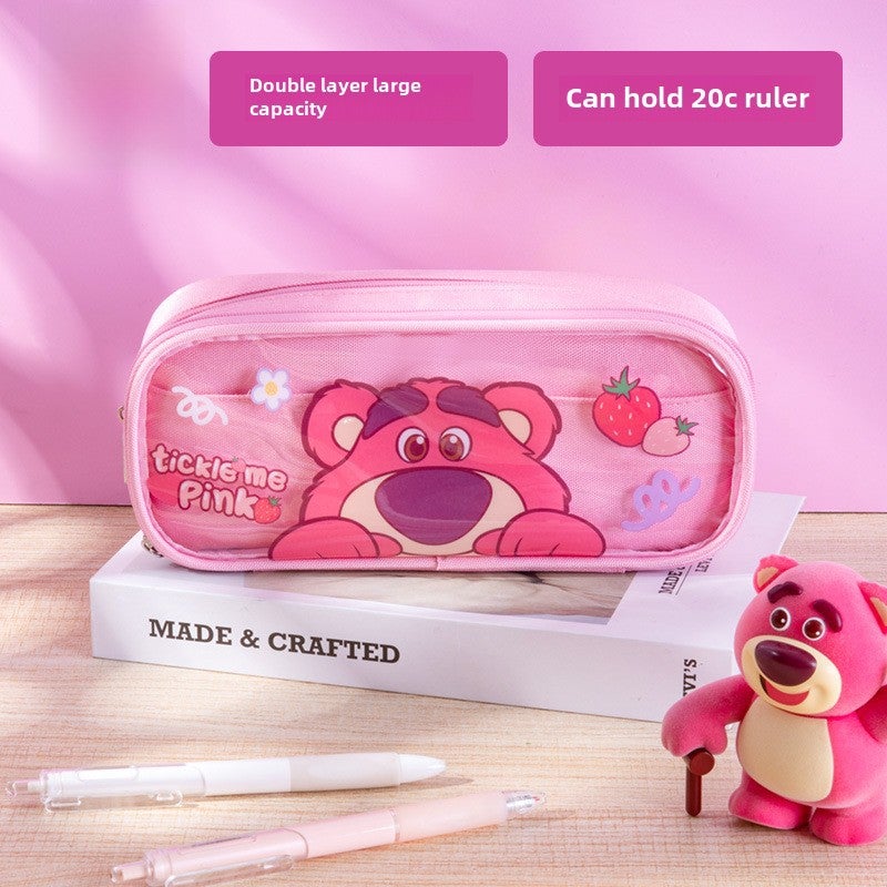 Multifunctional Large Capacity Double-Layer Transparent Pencil Case with Cartoon Characters Pink Strawberry Bear