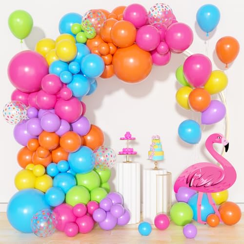 Amandir 153pcs Summer Tropical Balloon Arch Garland Kit Different Sizes 18 12 10 5inch Hot Pink Green Blue Yellow Purple Orange Rainbow Balloons for Hawaiian Luau Aloha Birthday Pool Party Decorations - Image 1