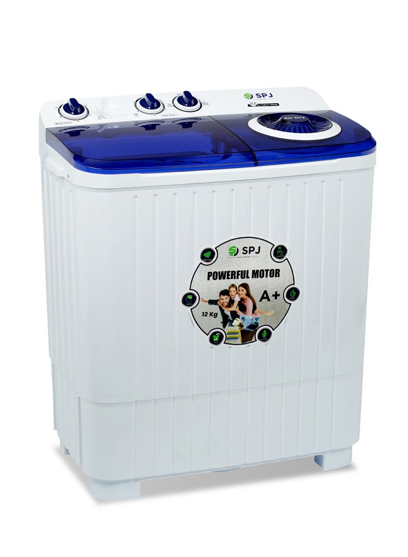 SPJ 12kg Semi Automatic Washing Machine Twin Tub, Top Load, Powerful Wash & Spin Dryer, Transparent Lid, Energy Saving – White - Image 1