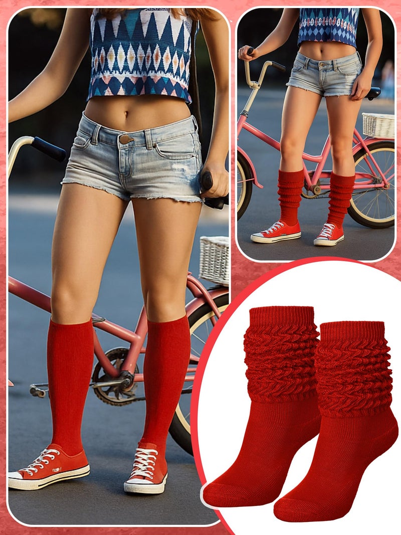 Glitopper Slouch Slouchy Socks Pack Knee High Scrunch 80s 90s Stacked Boot Socks(9-11,Red) - Image 2