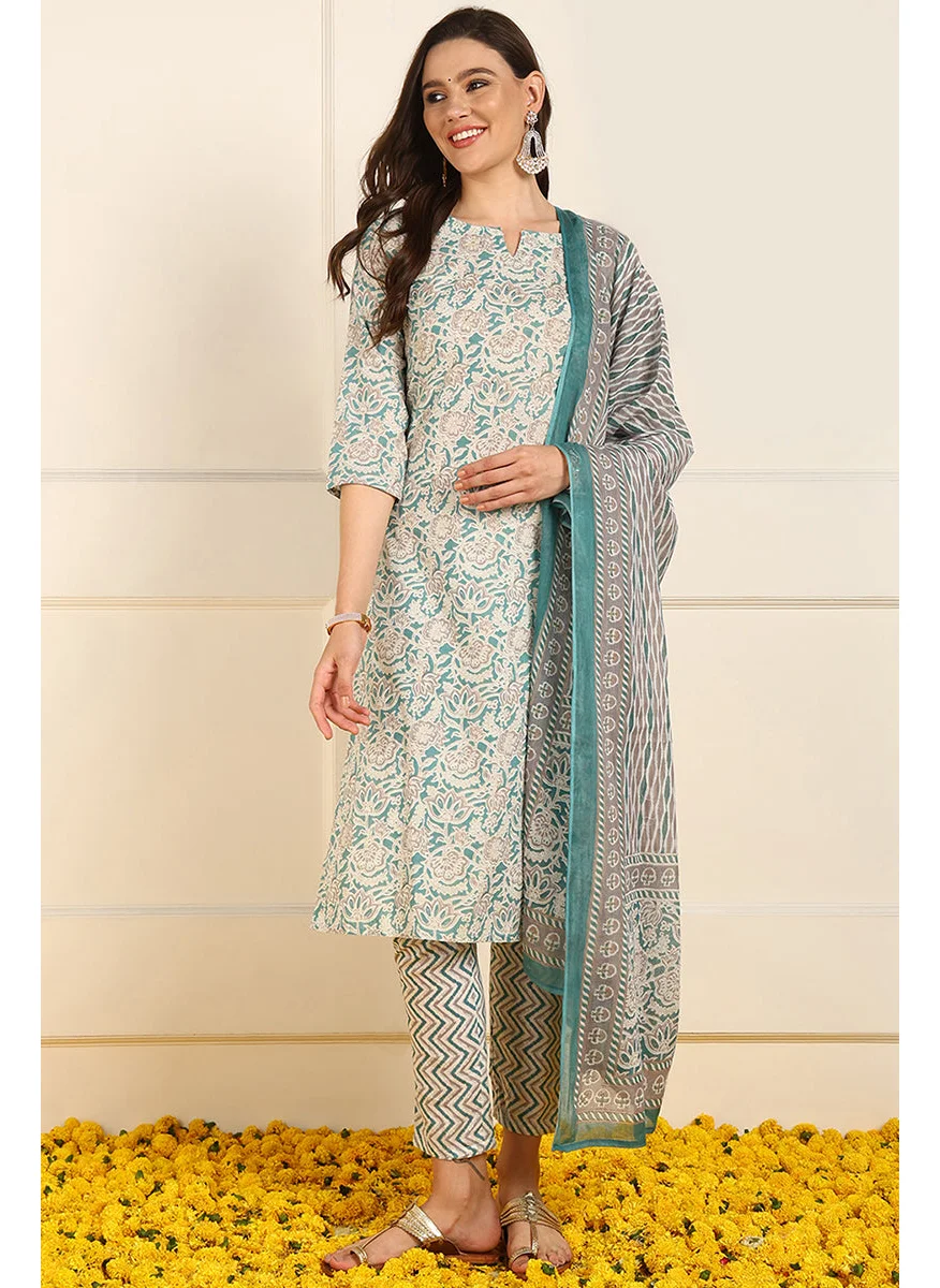 زيري سوق Teal Pure Cotton Floral Printed Straight 3-Piece Kurta Set