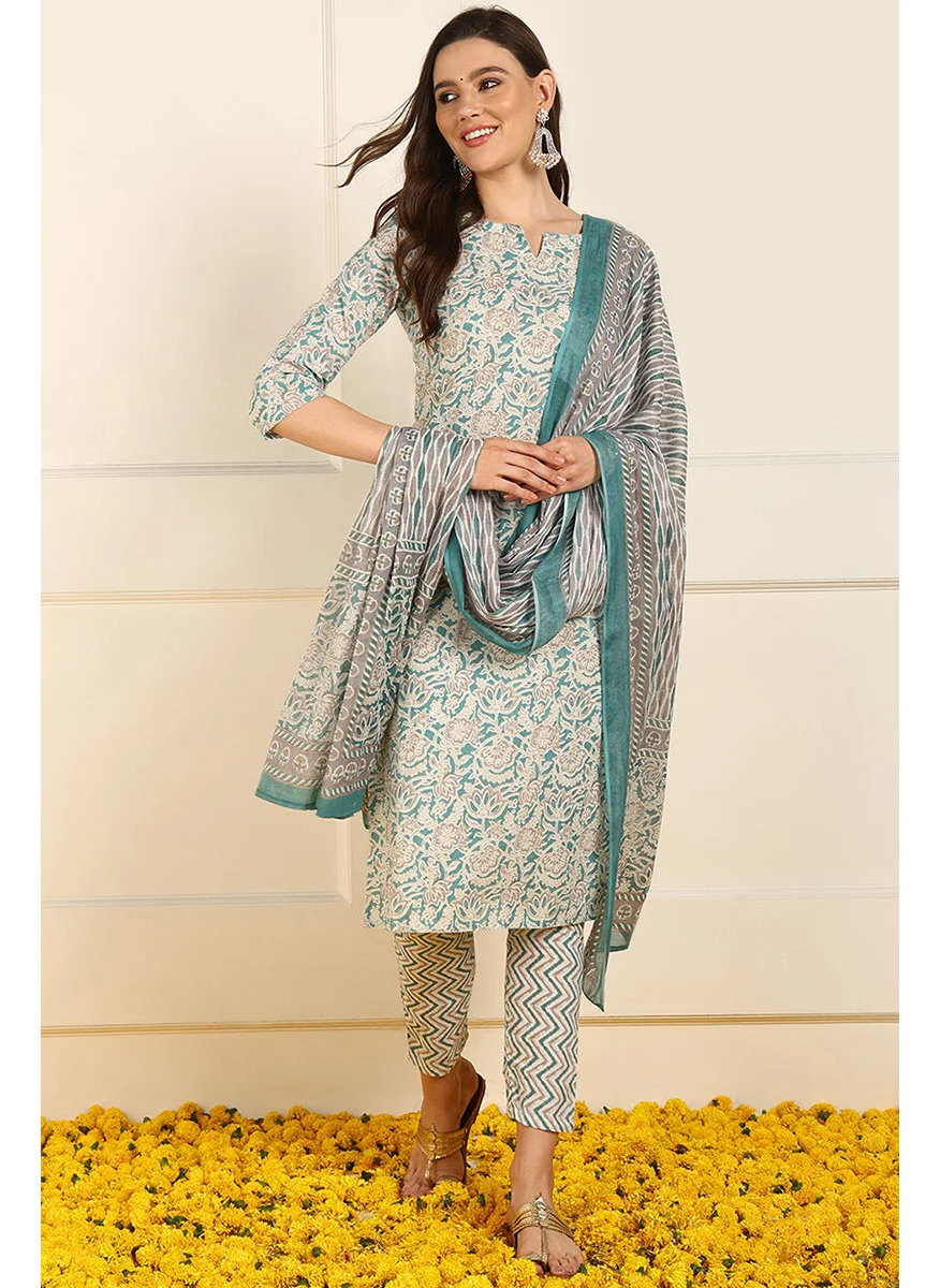 زيري سوق Teal Pure Cotton Floral Printed Straight 3-Piece Kurta Set
