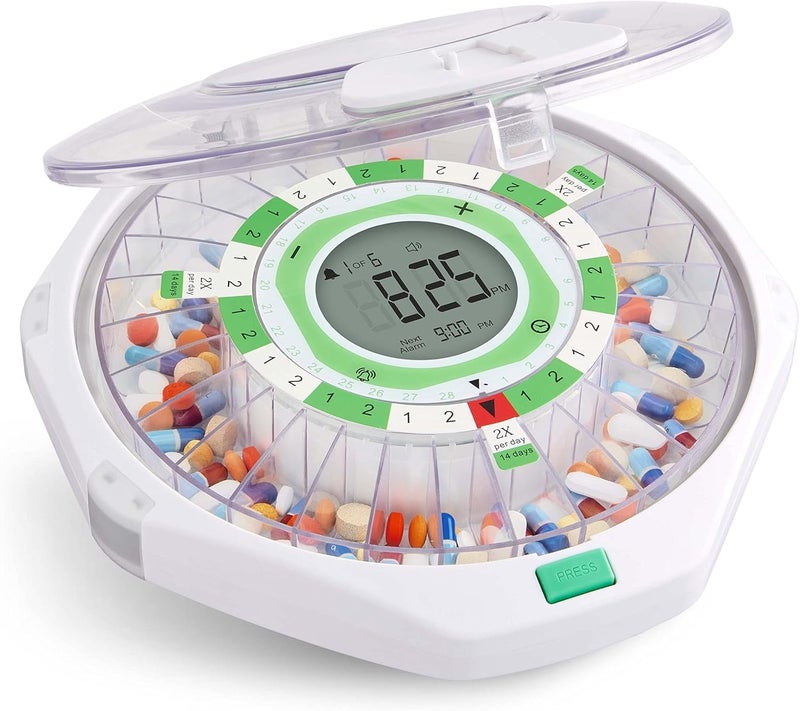 Live Fine 28-Day Automatic Pill Dispenser Clear Lid with Upgraded LCD Display and Key Lock, Sound & Light for Prescriptions, Medication, Vitamins, Supplements & More - Image 1