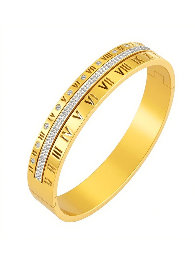 JINHUI 18K Gold Plated Stainless Steel Bracelet for Women Personalized Engraved Roman Numeral Bangle Love Bracelet With Cubic Zirconia Stack Friendship Bracelet Best Friendship Gifts for Women Size 6.5" (Gold) - Image 1