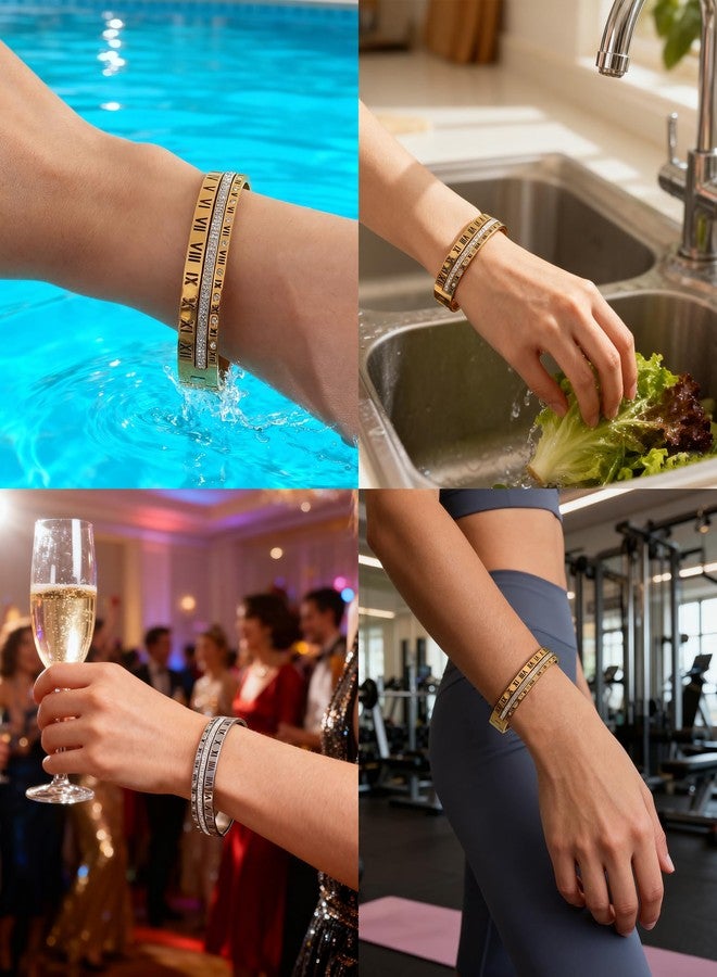 JINHUI 18K Gold Plated Stainless Steel Bracelet for Women Personalized Engraved Roman Numeral Bangle Love Bracelet With Cubic Zirconia Stack Friendship Bracelet Best Friendship Gifts for Women Size 6.5" (Gold) - Image 3