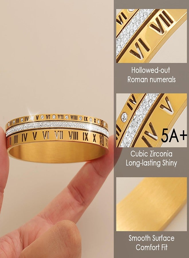 JINHUI 18K Gold Plated Stainless Steel Bracelet for Women Personalized Engraved Roman Numeral Bangle Love Bracelet With Cubic Zirconia Stack Friendship Bracelet Best Friendship Gifts for Women Size 6.5" (Gold) - Image 5