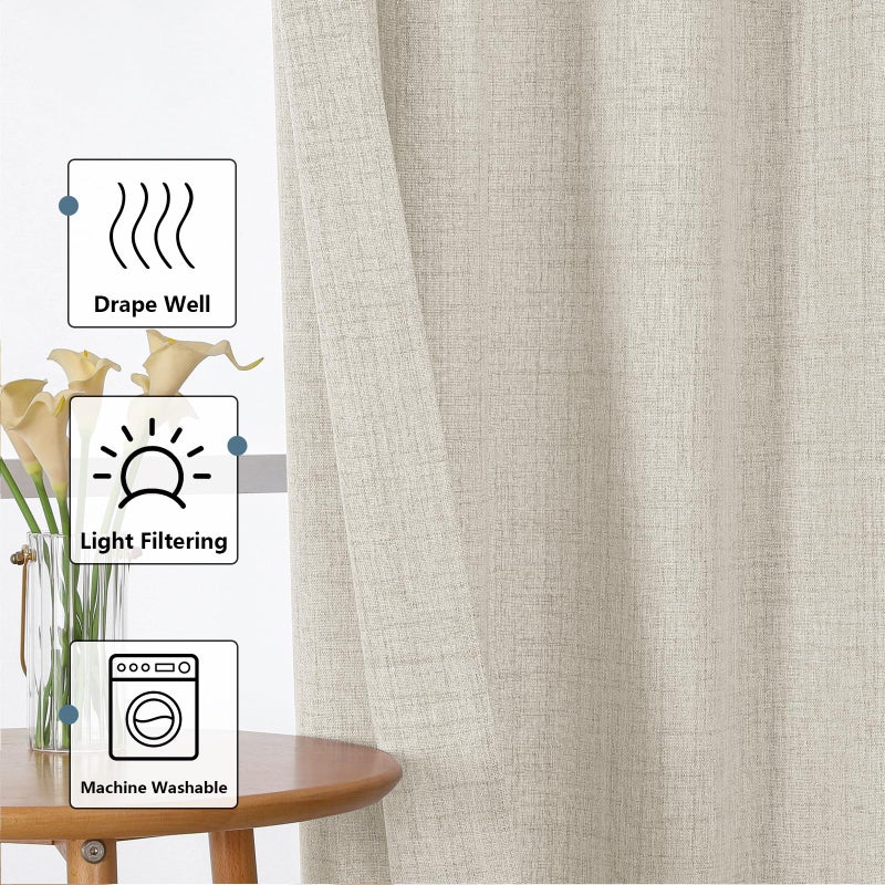 Chyhomenyc Natural Curtains 84 Inches Long 2 Panels Set, Light Filtering Faux Linen Slub Textured Curtains for Living Room, Neutral Soft Airy Farmhouse Curtain for Bedroom, Each 50Wx84L, 2PCS - Image 2