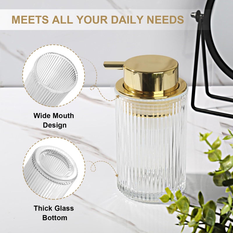 KASUNTING Foaming Soap Dispenser, 11 Fl Oz Clear Glass Foam Hand Soap Dispenser for Bathroom & Kitchen, Refillable Foaming Bottle with Gold Pump, Modern Ribbed Dish Soap Foam Dispenser - Image 3