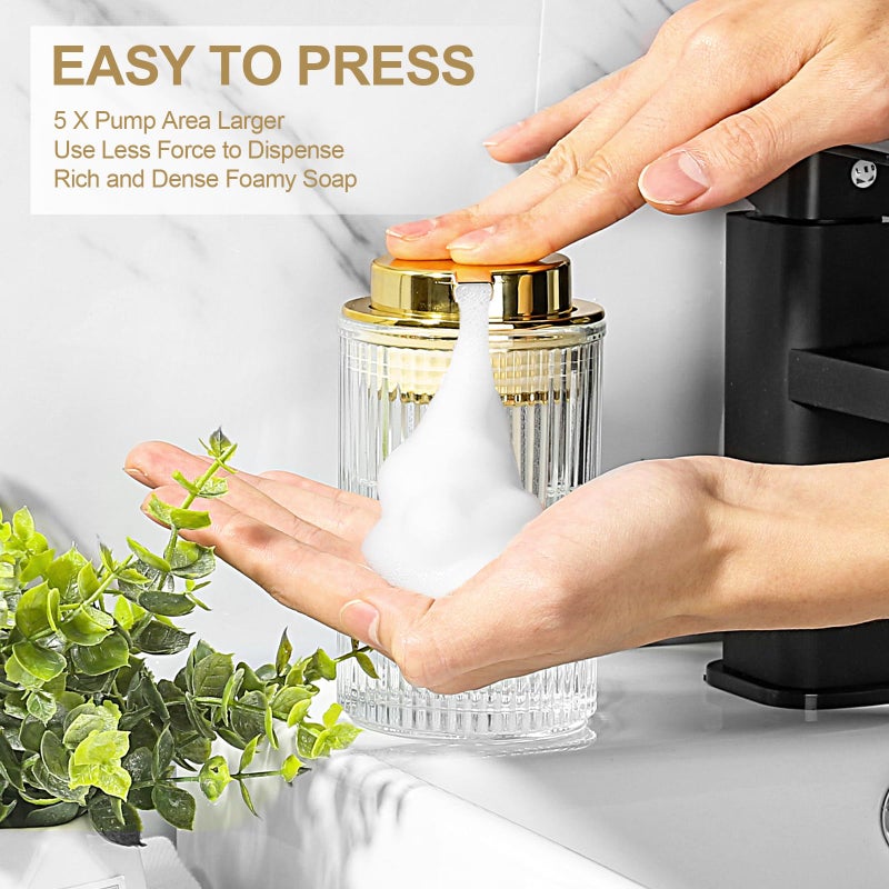 KASUNTING Foaming Soap Dispenser, 11 Fl Oz Clear Glass Foam Hand Soap Dispenser for Bathroom & Kitchen, Refillable Foaming Bottle with Gold Pump, Modern Ribbed Dish Soap Foam Dispenser - Image 4