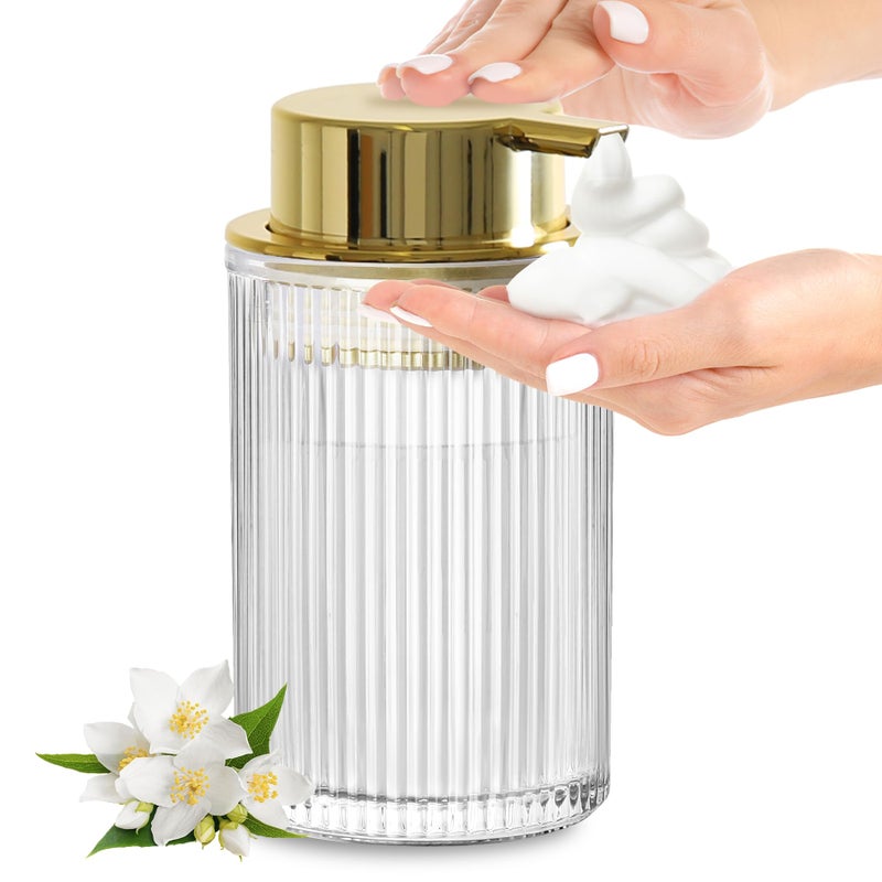KASUNTING Foaming Soap Dispenser, 11 Fl Oz Clear Glass Foam Hand Soap Dispenser for Bathroom & Kitchen, Refillable Foaming Bottle with Gold Pump, Modern Ribbed Dish Soap Foam Dispenser - Image 1