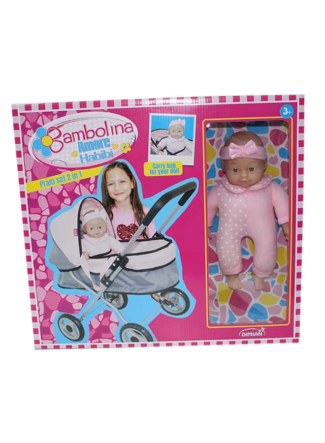 Bambolina مجموعة عربة بامبولينا 2 في 1 مع دمية
