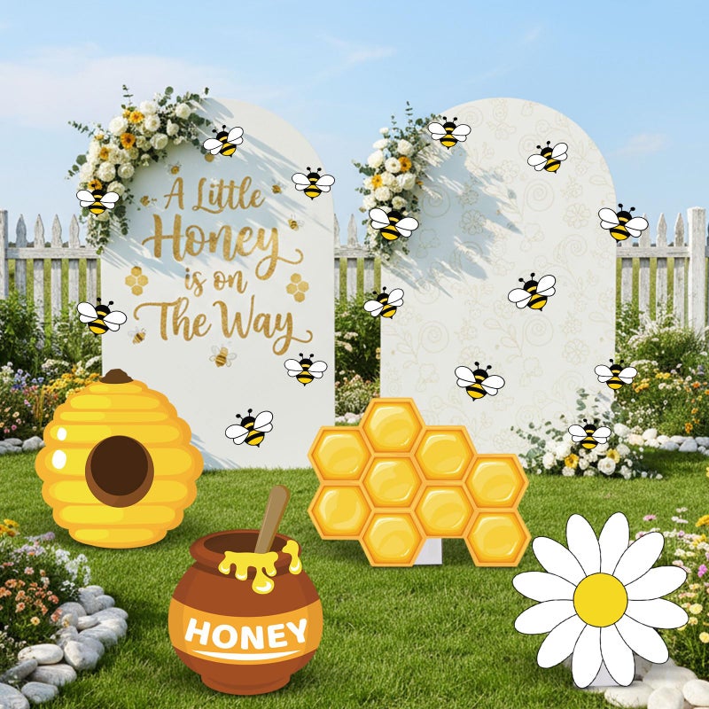 Fiwochic 4 Large 23.6 Inch Bee Theme Cardboard with Stand and 20 Bee Cutout, Prop up Honey Pot Honeycomb Decoration for Birthday Baby Shower Gender Reveal Supplies - Image 1
