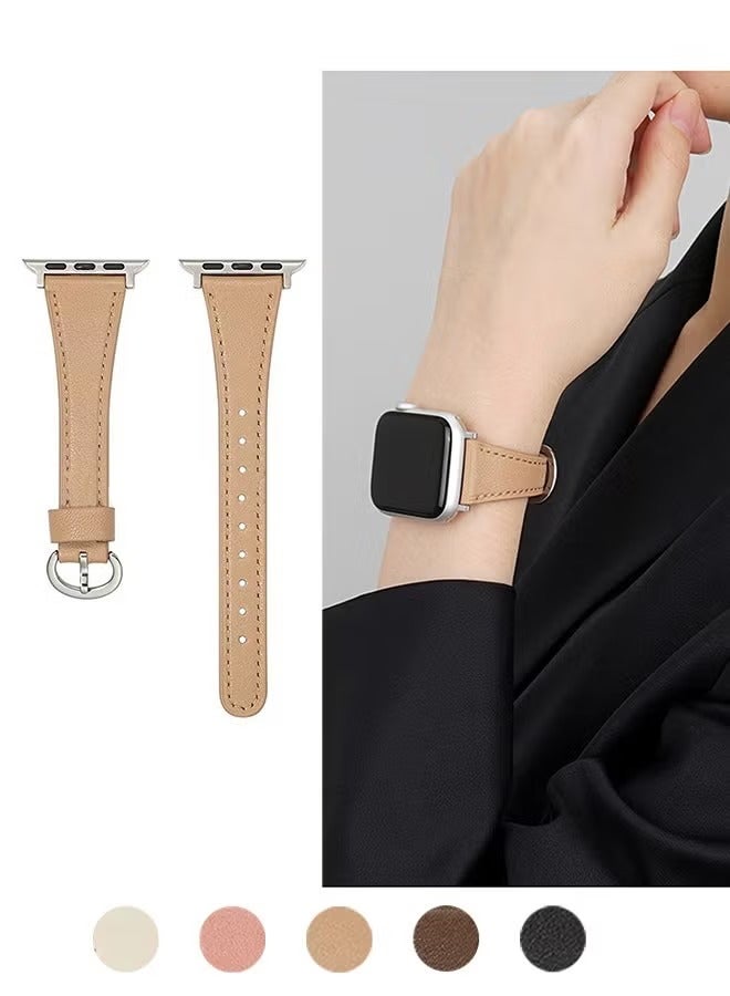 Leather Strap for Apple Watches, Compatible with Apple Watch Band 42mm 44mm 45mm 46mm 49mm Women, Top Grain Genuine Leather Strap Thin Watch Wristband for iWatch Series10 9 8 7 6 5 4 3 2 1 SE Ultra 2 ,Khaki﻿  - Image 1