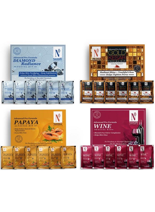 NUTRIGLOW Natural'S Advance Pro Formula Diamond Radiance Gold Kesar Papaya Wine Facial Kit For Polished Radiant Skin Dark Spot Reduction & Wrinkle Free Skin 60Gm Each Pack Of 4 - Image 1