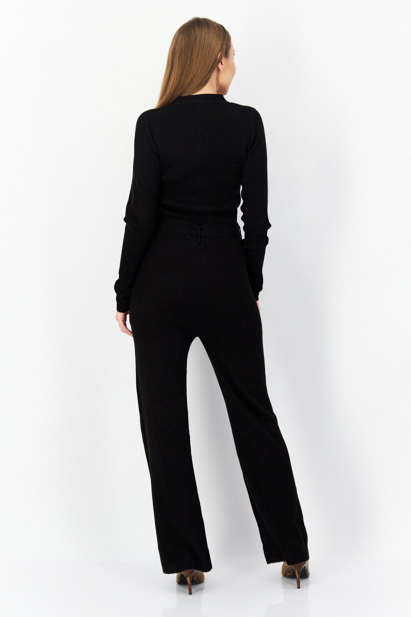 BRAVE SOUL Women Ribbed Belted Long Sleeve Jumpsuit, Black - Image 3