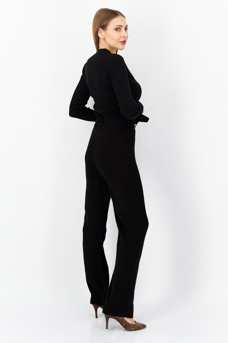 BRAVE SOUL Women Ribbed Belted Long Sleeve Jumpsuit, Black - Image 2