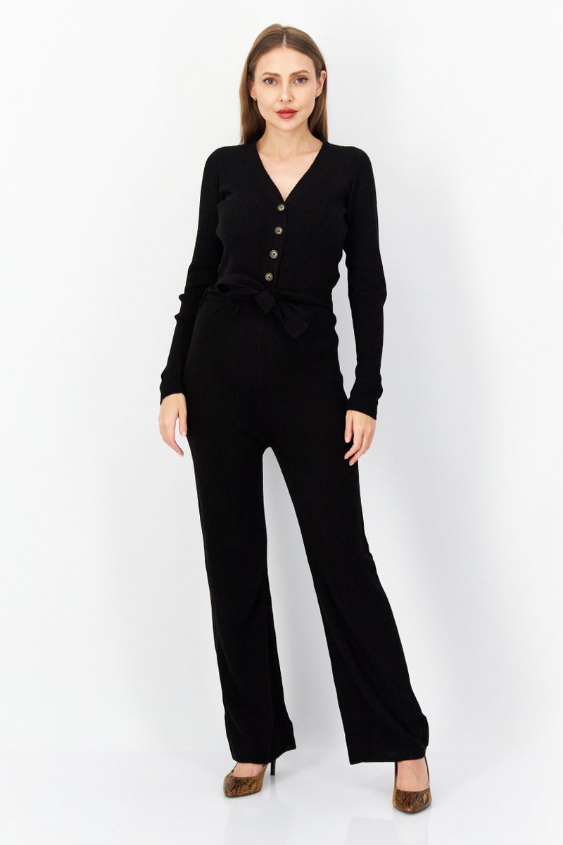 BRAVE SOUL Women Ribbed Belted Long Sleeve Jumpsuit, Black - Image 1