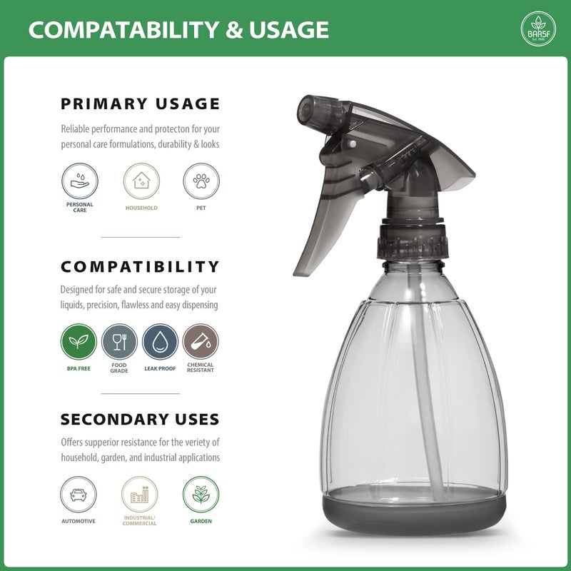 Bar5F Plastic Spray Bottle, 12 oz | Leak Proof, Empty, Trigger Handle, Adjustable Fine to Stream, Refillable, Hair Salons & Spas, Household Cleaners, Cooking | Smoke Grey (1) - Image 3