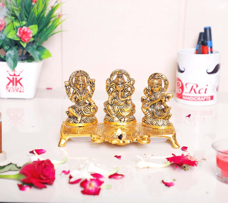 KridayKraft Laxmi Ganesha Saraswati Murti,LGS Metal Statue with Diya,Showpiece Figurines - Image 1