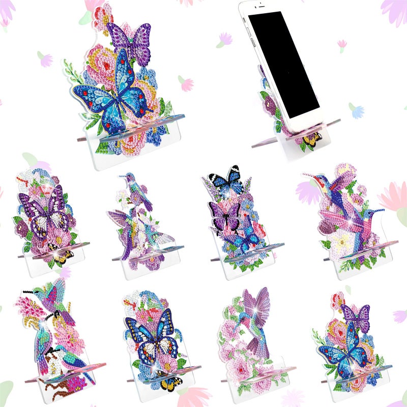 Kenning 8 Pcs Purple Butterfly Diamond Painting Cell Phone Stand DIY 5D Full Crystal Acrylic Flower Hummingbird Diamond Art Phone Holders Kits for Beginner Adults DIY Craft Butterfly Lover Gift - Image 2