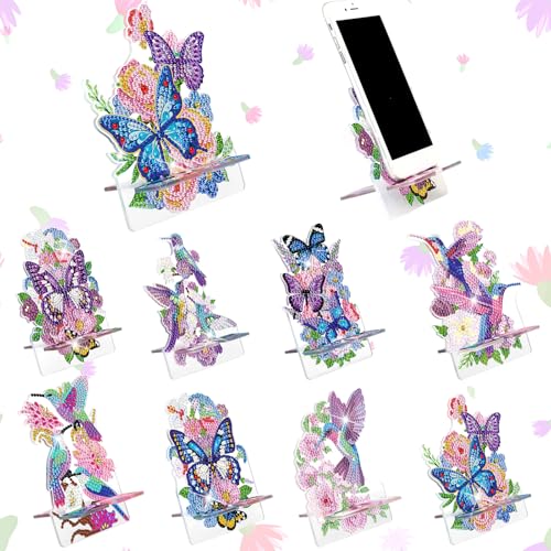 Kenning 8 Pcs Purple Butterfly Diamond Painting Cell Phone Stand DIY 5D Full Crystal Acrylic Flower Hummingbird Diamond Art Phone Holders Kits for Beginner Adults DIY Craft Butterfly Lover Gift - Image 1