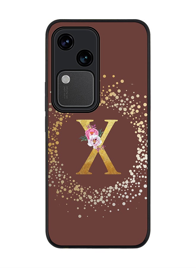 Stylizedd Rugged Black edge case for Vivo V30 5G, Slim fit Flexible Cover -  Custom Monogram Initial Letter Floral Pattern Alphabet - X  (Brown ) - Image 1