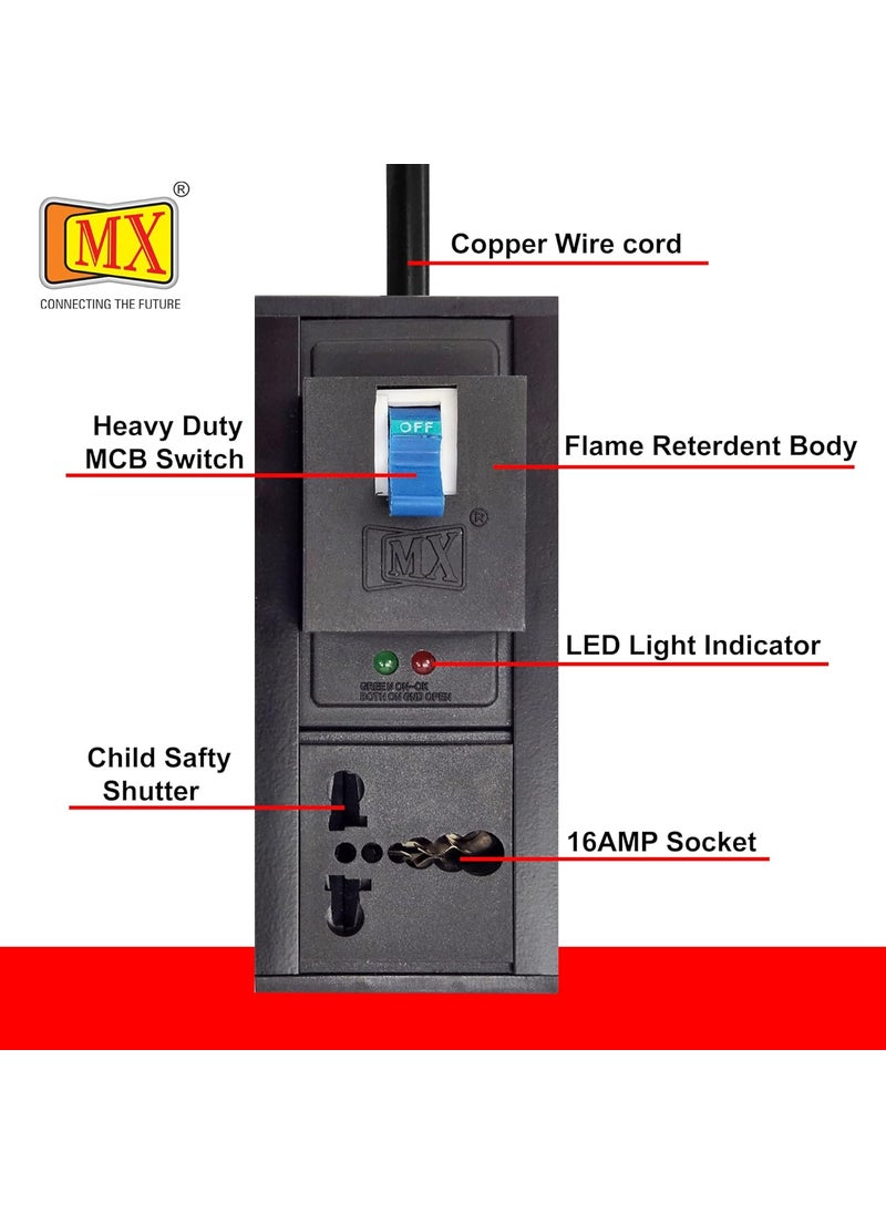 MX MX 16 amp Extension Cord Single Socket Extension Board 6amp - 16amp to 5amp Plug Heavy Duty Power Cord 5 Meter (3000W) with 32amp MCB Switch (0.75 Sq.mm ISI Marked) AC Line Fault Detector  - Image 3