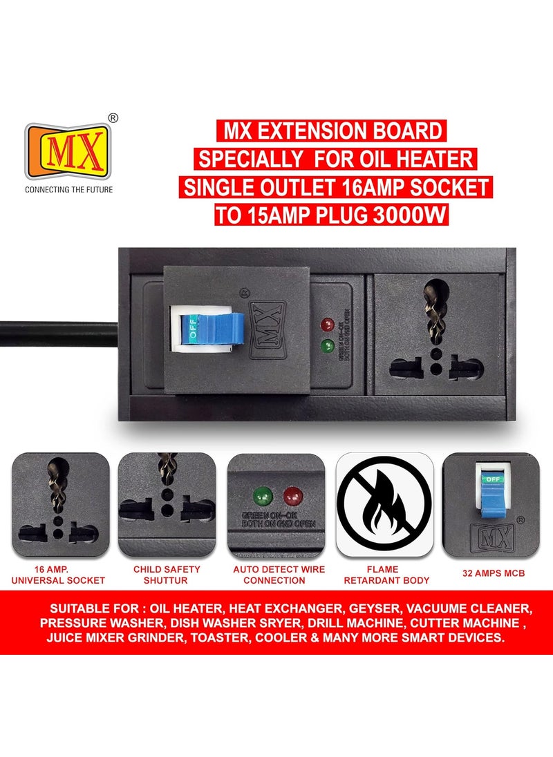 MX MX 16 amp Extension Cord Single Socket Extension Board 6amp - 16amp to 5amp Plug Heavy Duty Power Cord 5 Meter (3000W) with 32amp MCB Switch (0.75 Sq.mm ISI Marked) AC Line Fault Detector  - Image 5