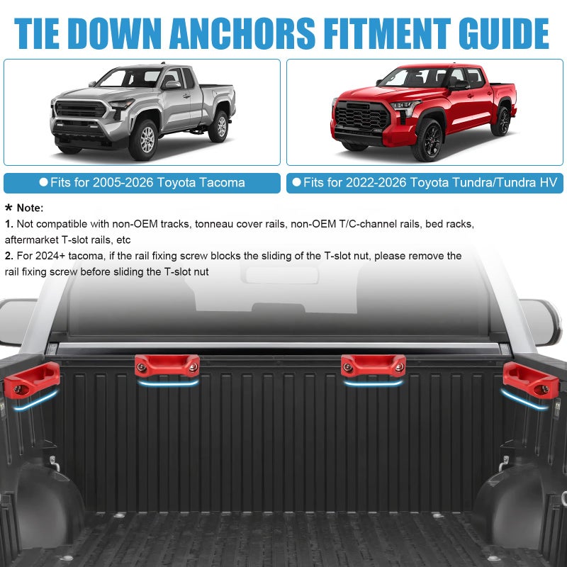 Drieaco Aluminum Truck Bed Tie Down Anchors Fit for Toyota Tacoma/Tundra Bed Rail Accessories, Bed Rail Cleats Trailers Hooks Cargo Mount Heavy Duty T Slot Nuts D-Ring Tie Down Anchor (Red, 4PCS) - Image 5
