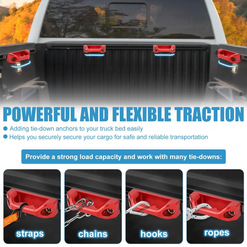 Drieaco Aluminum Truck Bed Tie Down Anchors Fit for Toyota Tacoma/Tundra Bed Rail Accessories, Bed Rail Cleats Trailers Hooks Cargo Mount Heavy Duty T Slot Nuts D-Ring Tie Down Anchor (Red, 4PCS) - Image 3