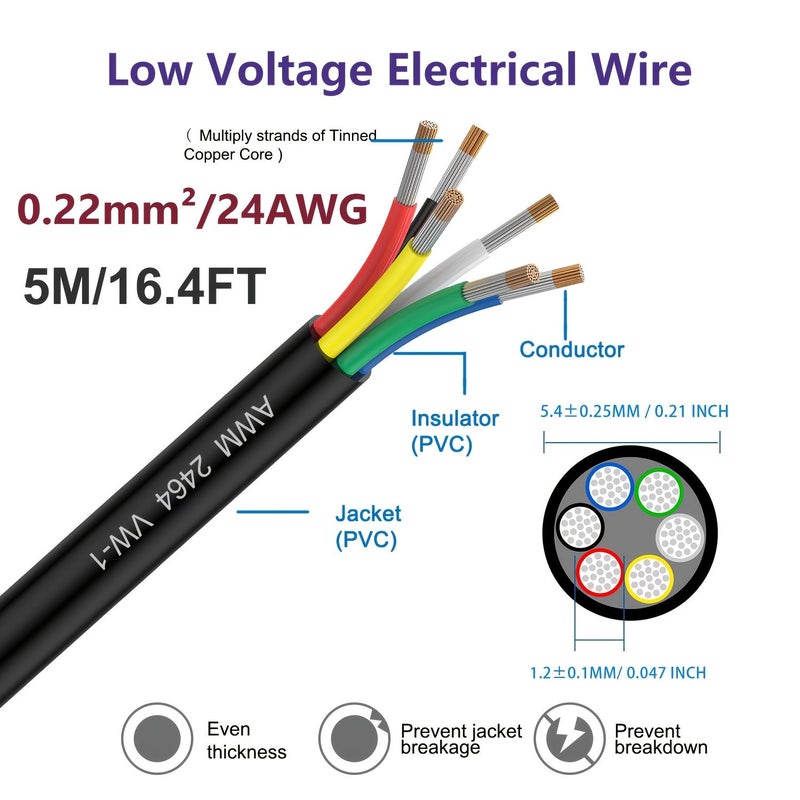 24AWG 6 Conductor Tinned Copper Wire 5M Low Voltage Cable for Security Alarm Speaker - Image 3