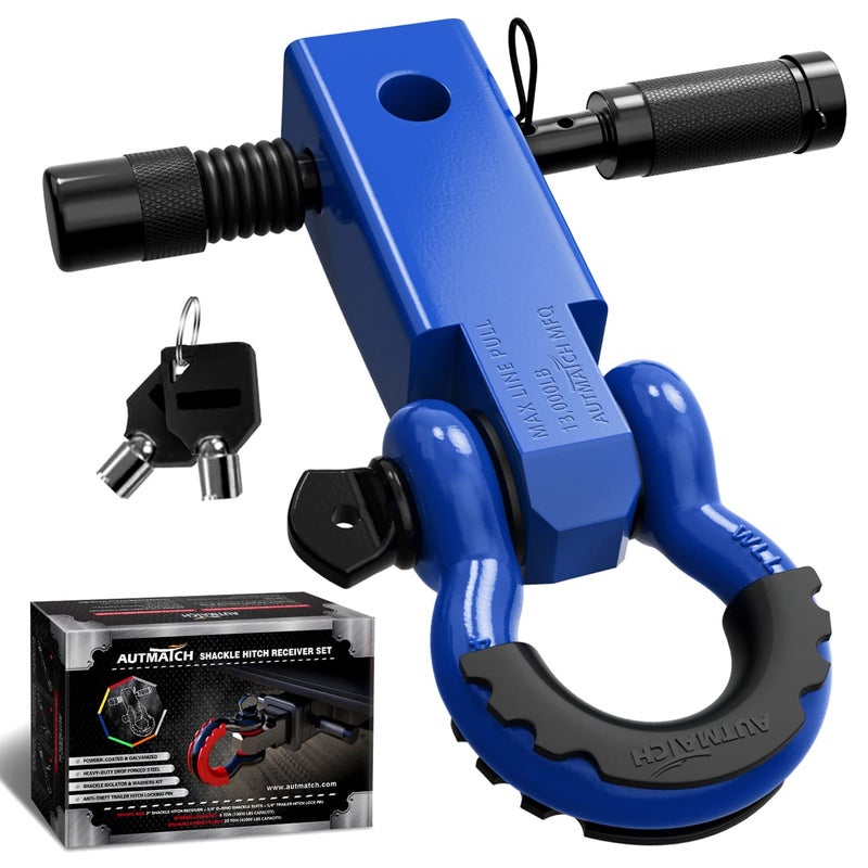 AUTMATCH Shackle Hitch Receiver 2 Inch 34 D Ring Shackle and 58 Trailer Hitch Lock Pin 45000 Lbs Break Strength Heavy Duty Receiver Towing Kit for OffRoad Vehicle Recovery Blue