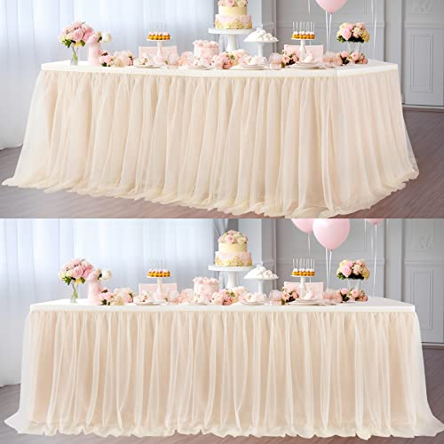 Suppromo Suppromo 9ft Champagne Tulle Table Skirts for Rectangle Tables or Round Tables Champagne Tutu Table Cloth Cover for Wedding Birthday Party Baby Shower Dessert Cake Table Decor 