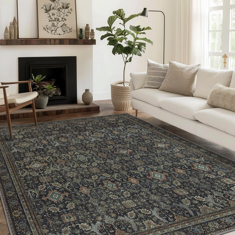 BESBLEE 8X10 Area Rugs Machine Washable Rugs for Living Room, Vintage Boho Large Rugs for Bedroom Dining Room, Non Slip Indoor Soft Distressed Lightweight Thin Low Pile Carpet, Black - Image 2