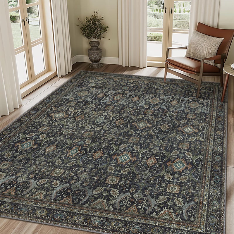 BESBLEE 8X10 Area Rugs Machine Washable Rugs for Living Room, Vintage Boho Large Rugs for Bedroom Dining Room, Non Slip Indoor Soft Distressed Lightweight Thin Low Pile Carpet, Black - Image 1