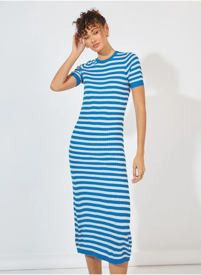 Styli Striped Knit Sweater Midi Dress