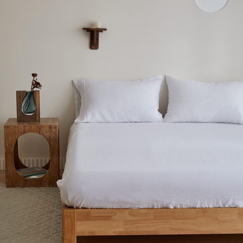 King Linens 100 Linen Fitted Sheet Stone Washed Solid Color  1 Piece 14 inch Deep Pocket Mattress Cover Soft Natural Breathable Farmhouse  White Twin Size