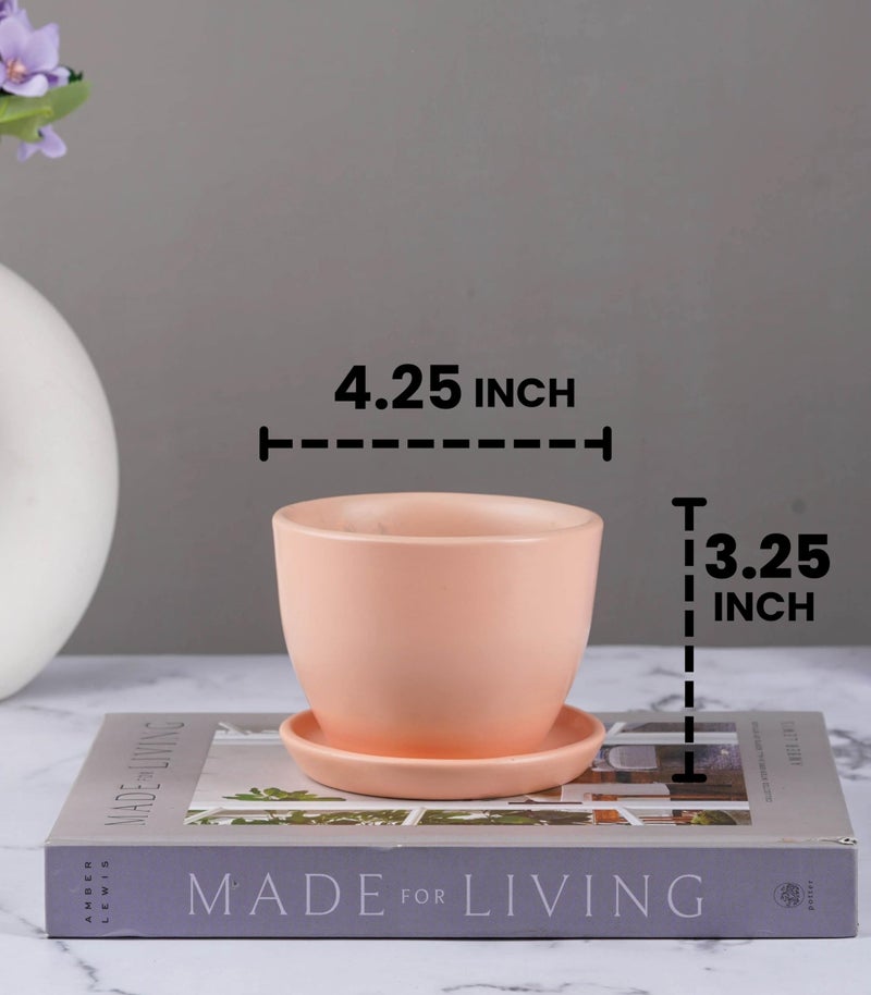 Nurturing Green® Set of 2 Modern Blush Pink Ceramic Pots (Plants Not Included) for Home, Indoor Décor & Gifting (Size: Small (4.25 Inch Wide) | Comes with Bottom Plates) - Image 3